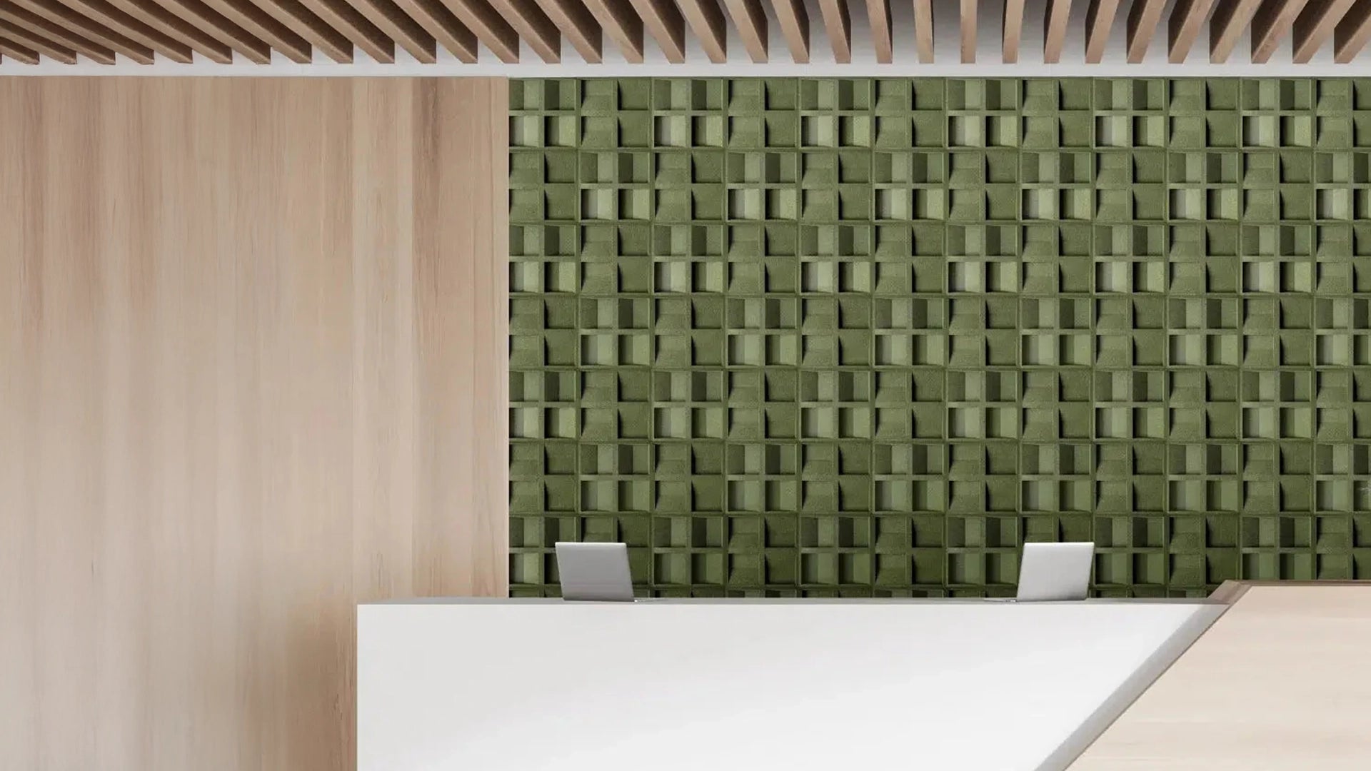 3D Cork Acoustic Wall Panels before and after in reception interior