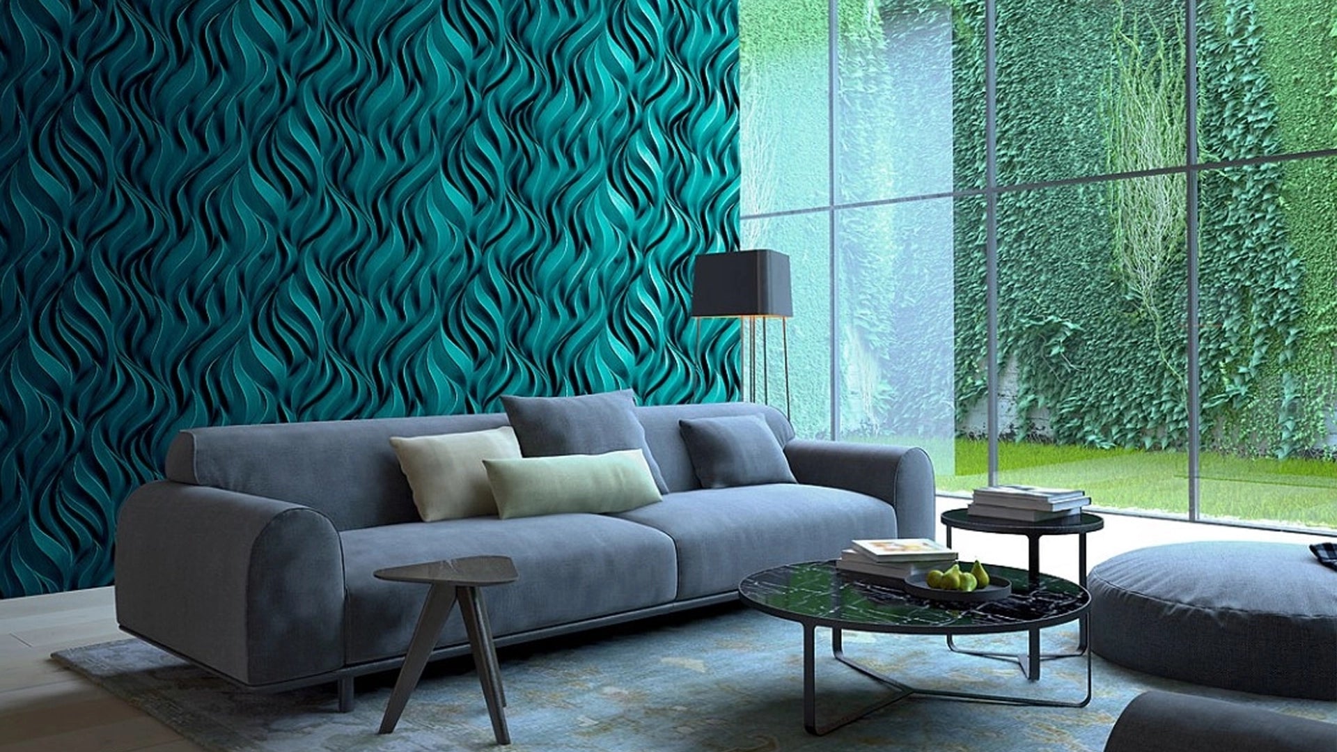 THE WIND Polystyrene Wall Art – 3D Decorative Panels as teal accent wall in living room interior DecorMania UK