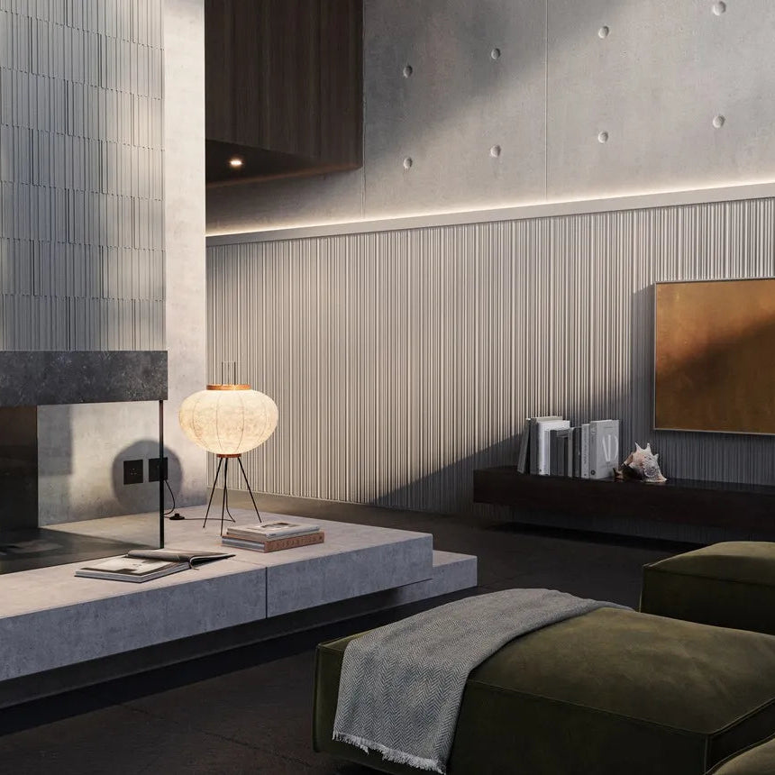 ALLEGRETTO ARSTYL textured wall panels in a contemporary living room with fireplace