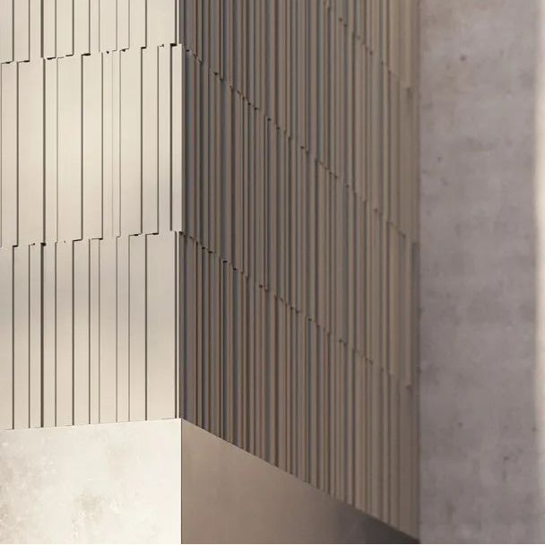 Close-up of ALLEGRETTO ARSTYL decorative wall panels with staggered linear relief