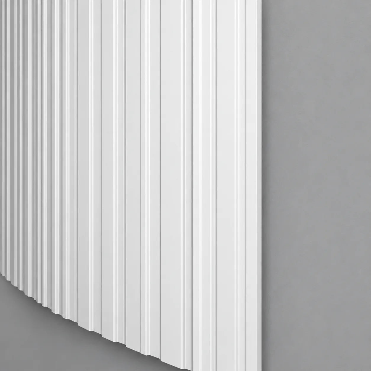 White ALLEGRETTO FLEX wall panel with vertical relief detailing and a curved profile against a grey background