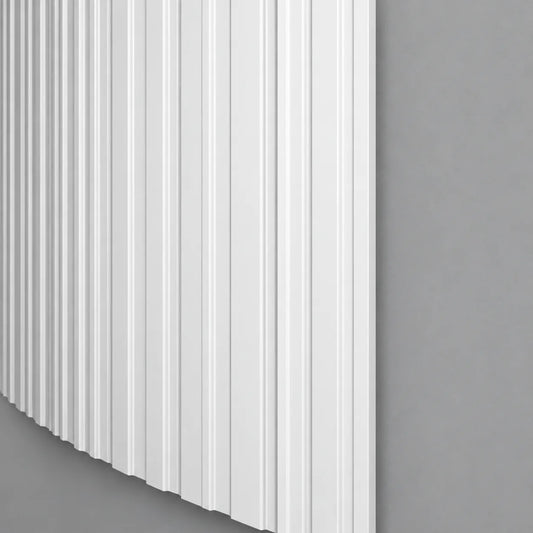 White ALLEGRETTO FLEX wall panel with vertical relief detailing and a curved profile against a grey background