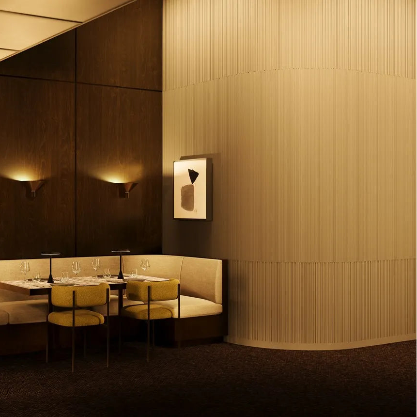 ALLEGRETTINO FLEX ARSTYL flexible wall panels used on a curved feature wall in an elegant restaurant interior