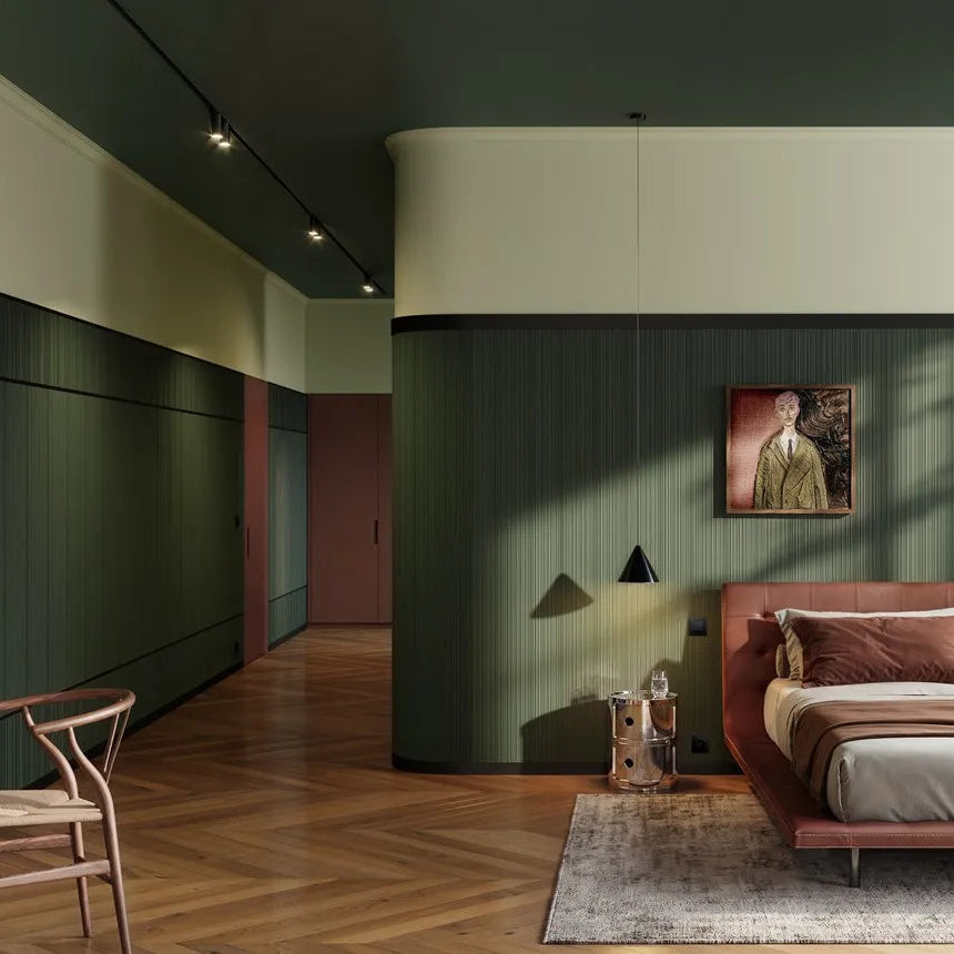 ALLEGRETTINO FLEX ARSTYL flexible wall panels in a dark green finish on curved bedroom walls