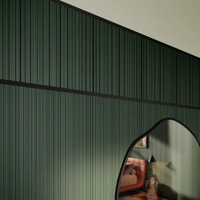 ALLEGRETTINO ARSTYL decorative wall panels in a dark green bedroom interior with modern mirror