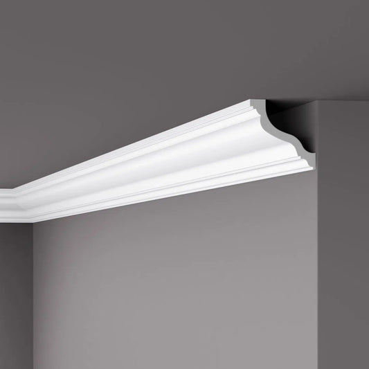 ANNA WT10 WALLSTYL® 2.44M Ceiling Coving on a grey ceiling | DecorMania UK 