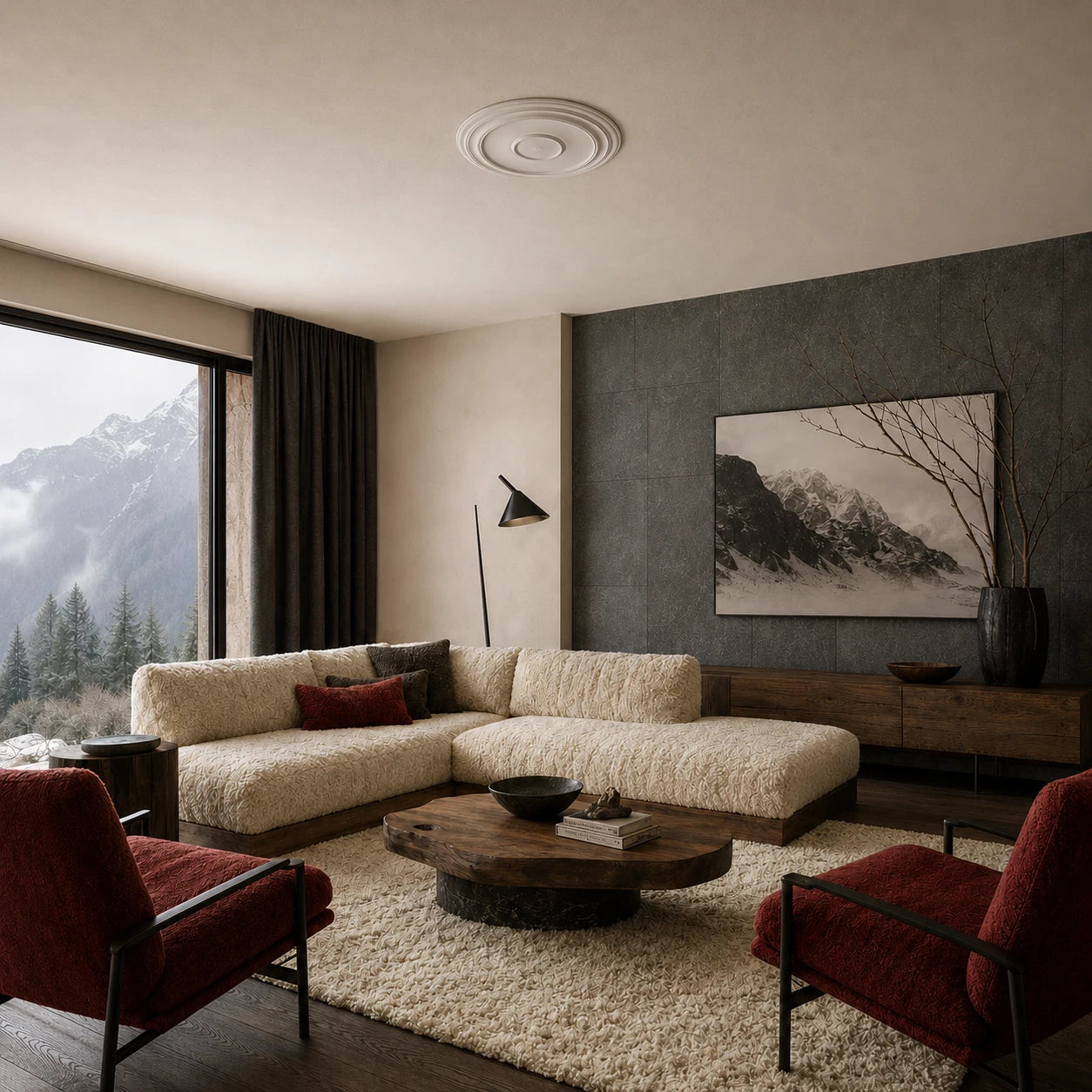 Elegant mountain-view living room with a white Arabella ceiling rose featuring subtle concentric mouldings