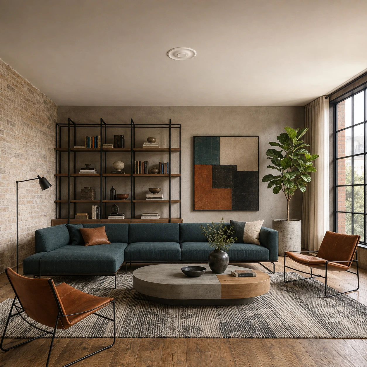 Industrial-style living room with a minimalist white Ava ceiling rose mounted above a teal sofa and leather chairs
