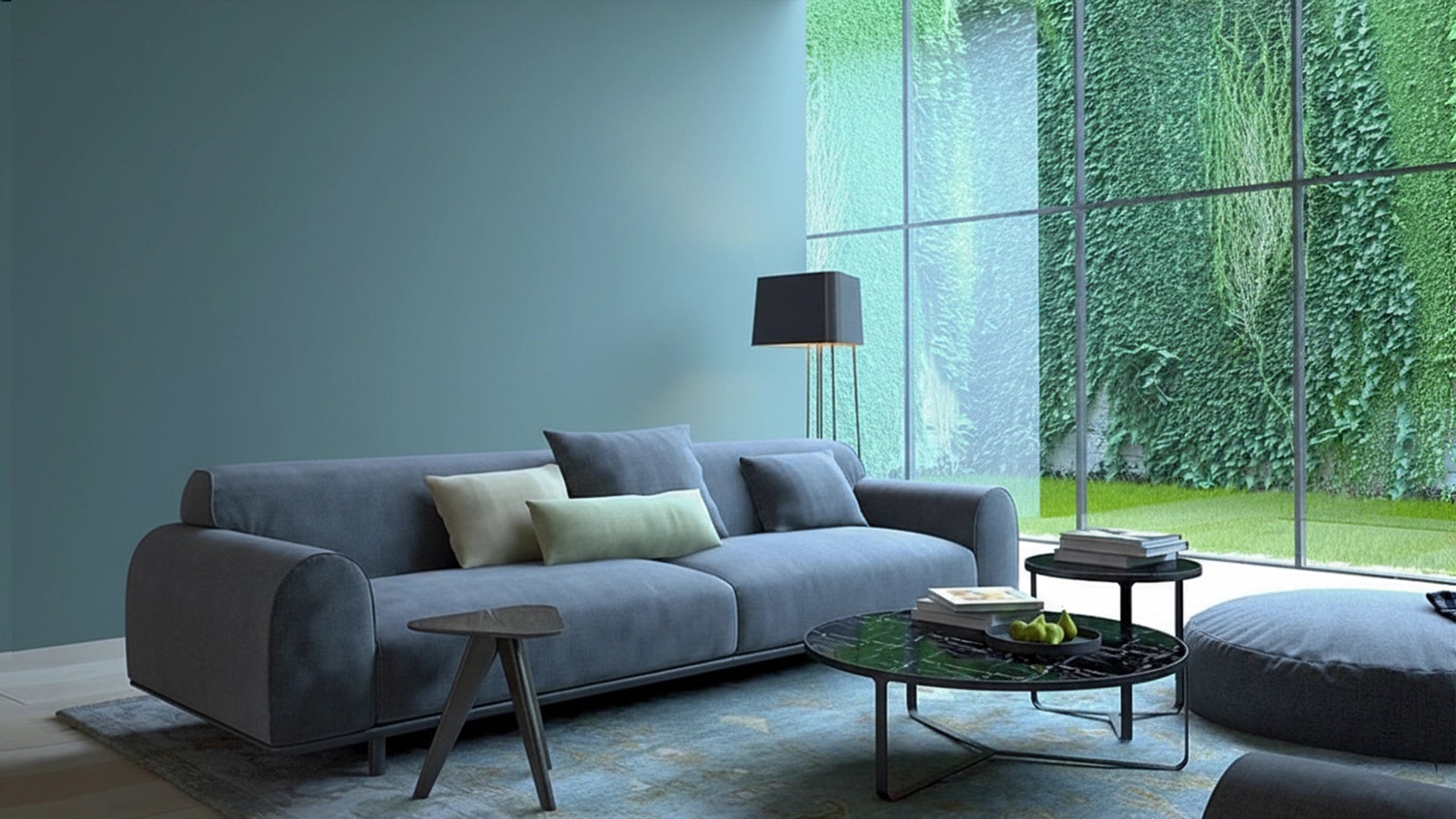 THE WIND Polystyrene Wall Art – 3D Decorative Panels as teal accent wall in living room interior DecorMania UK