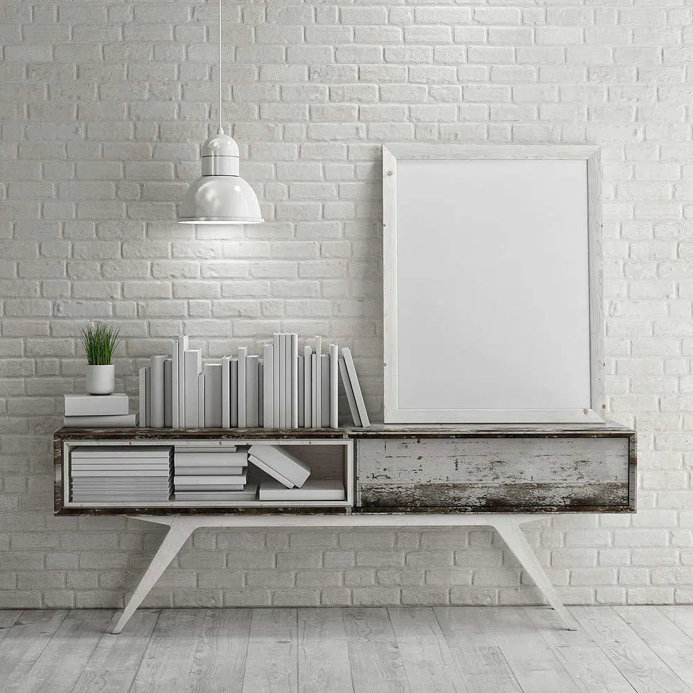 BRICK 3D Wall Panel Model 06 - 3D Polystyrene Wall Panels with a textured design enhance the minimalist, modern look of the space, complementing the wooden console, stacked books, and pendant light | DecorMania UK 