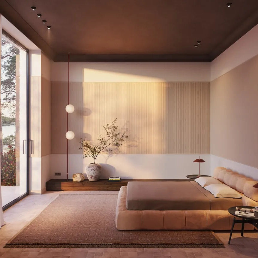 CALANDO ARSTYL textured wall panels used in a contemporary bedroom interior