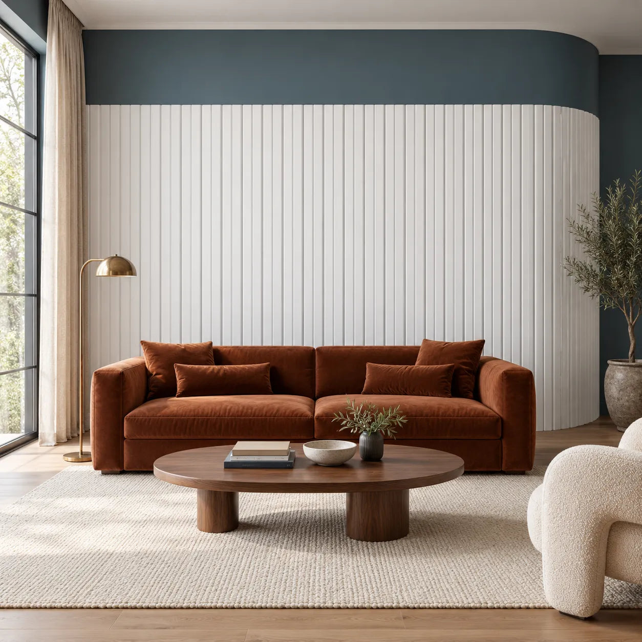 White CANELÉ L FLEX panels on a curved living room wall behind a rust velvet sofa, with petrol blue walls above