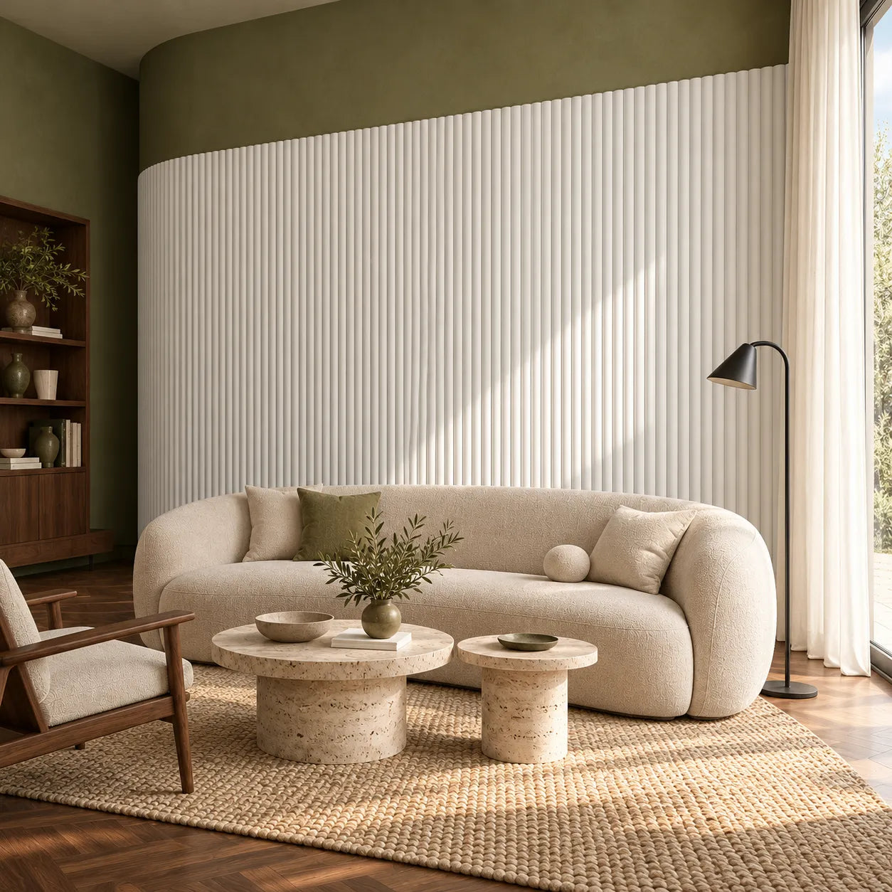 Angled view of white CANELÉ S FLEX wall panels in an olive green living room with a beige sofa and travertine tables
