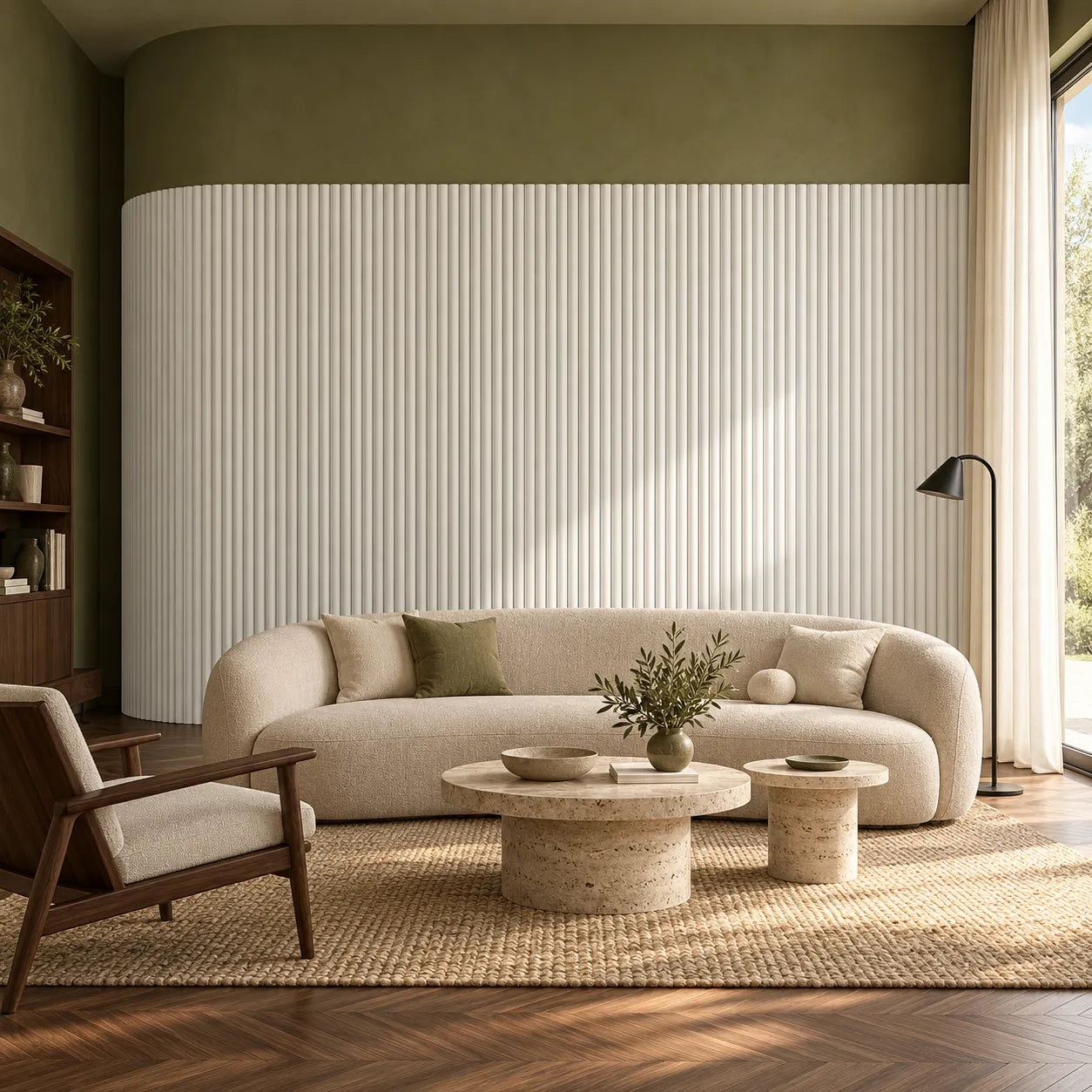Front view of white CANELÉ S FLEX wall panels behind a beige sofa in an olive green living room