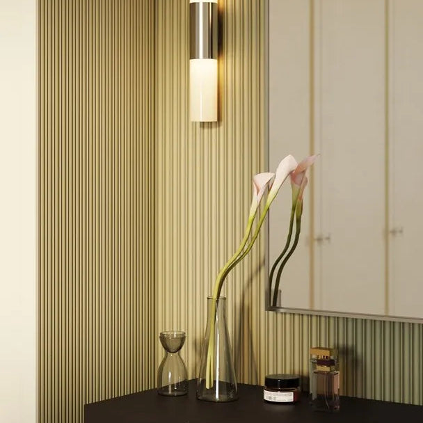 Sage green CANOPEE MIX panels lining a vanity alcove in an elegant cream dressing room
