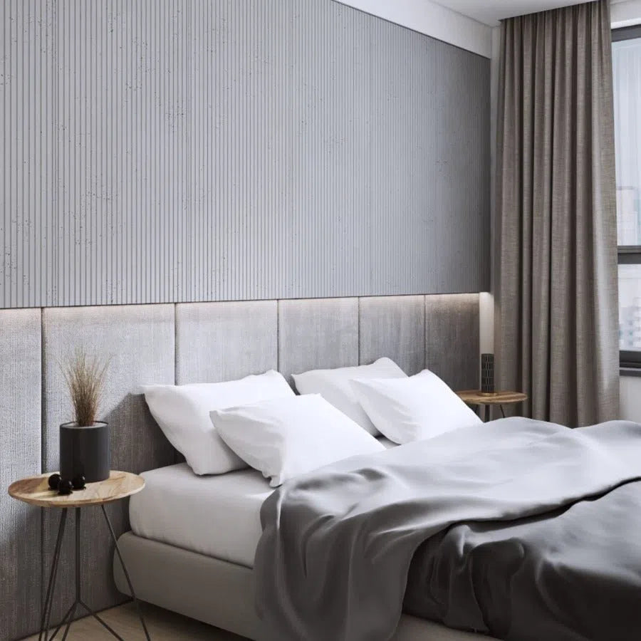 3D Concrete Wall Panel GROOVE in a modern bedroom | DecorMania UK