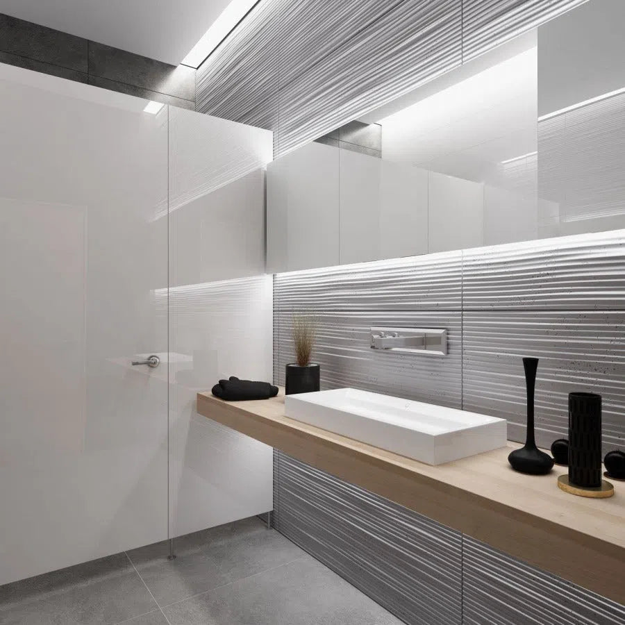 3D Concrete Wall Panel RIDGES in a modern bathroom | DecorMania UK
