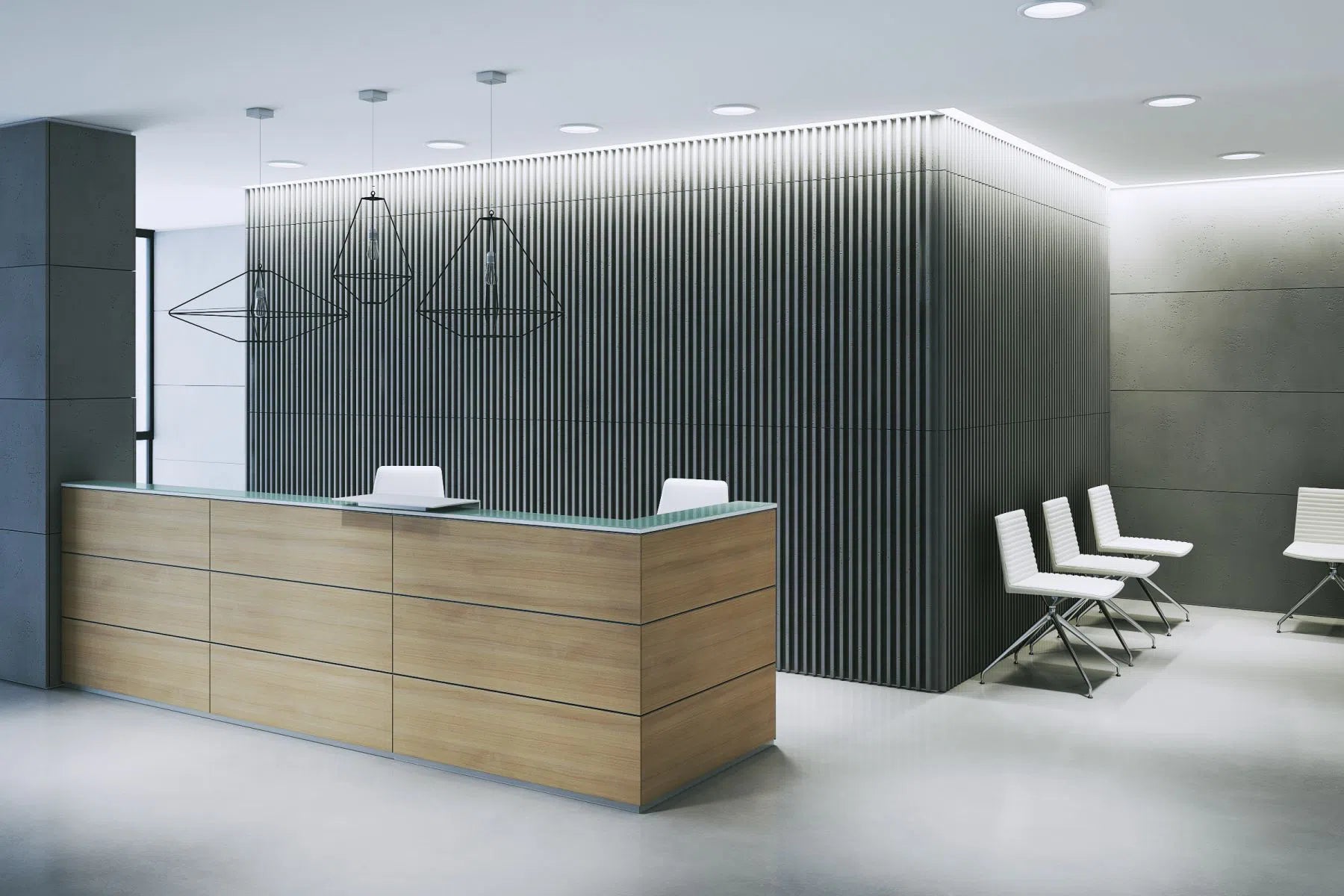 3D Concrete Wall Panel RIFT M in a modern lobby | DecorMania UK