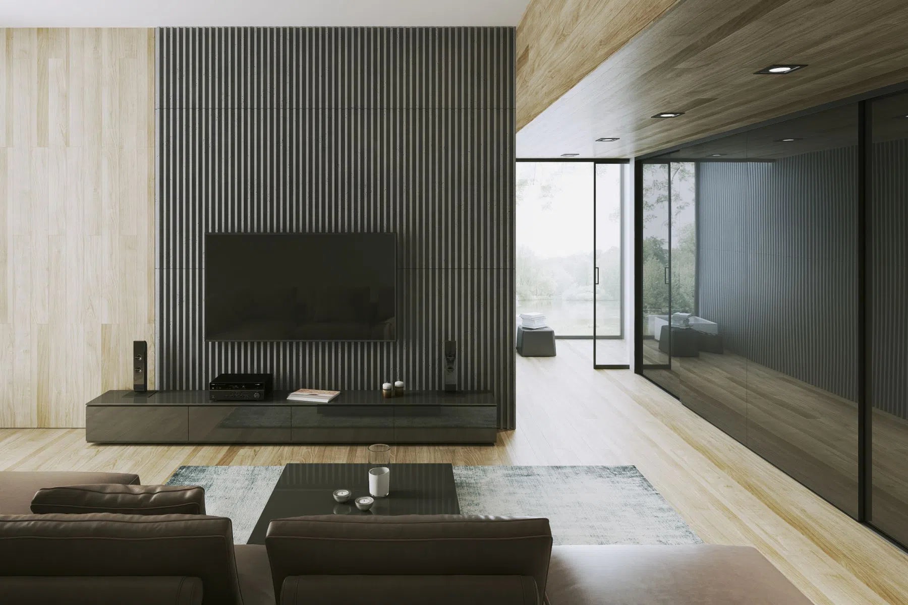 3D Concrete Wall Panel RIFT XL  in a stylish living room | DecorMania UK