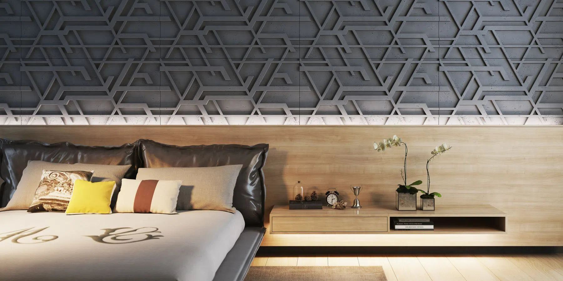 3D Concrete Wall Panel STELLAR in a stylish bedroom  | DecorMania UK