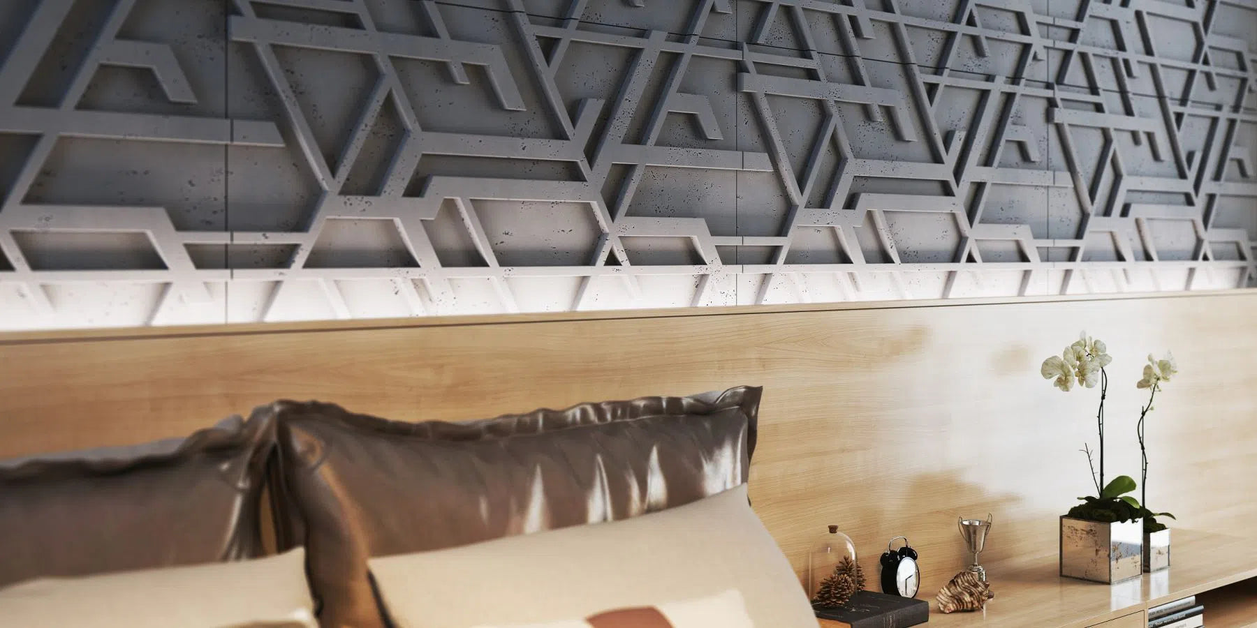 3D Concrete Wall Panel STELLAR in a stylish bedroom  | DecorMania UK