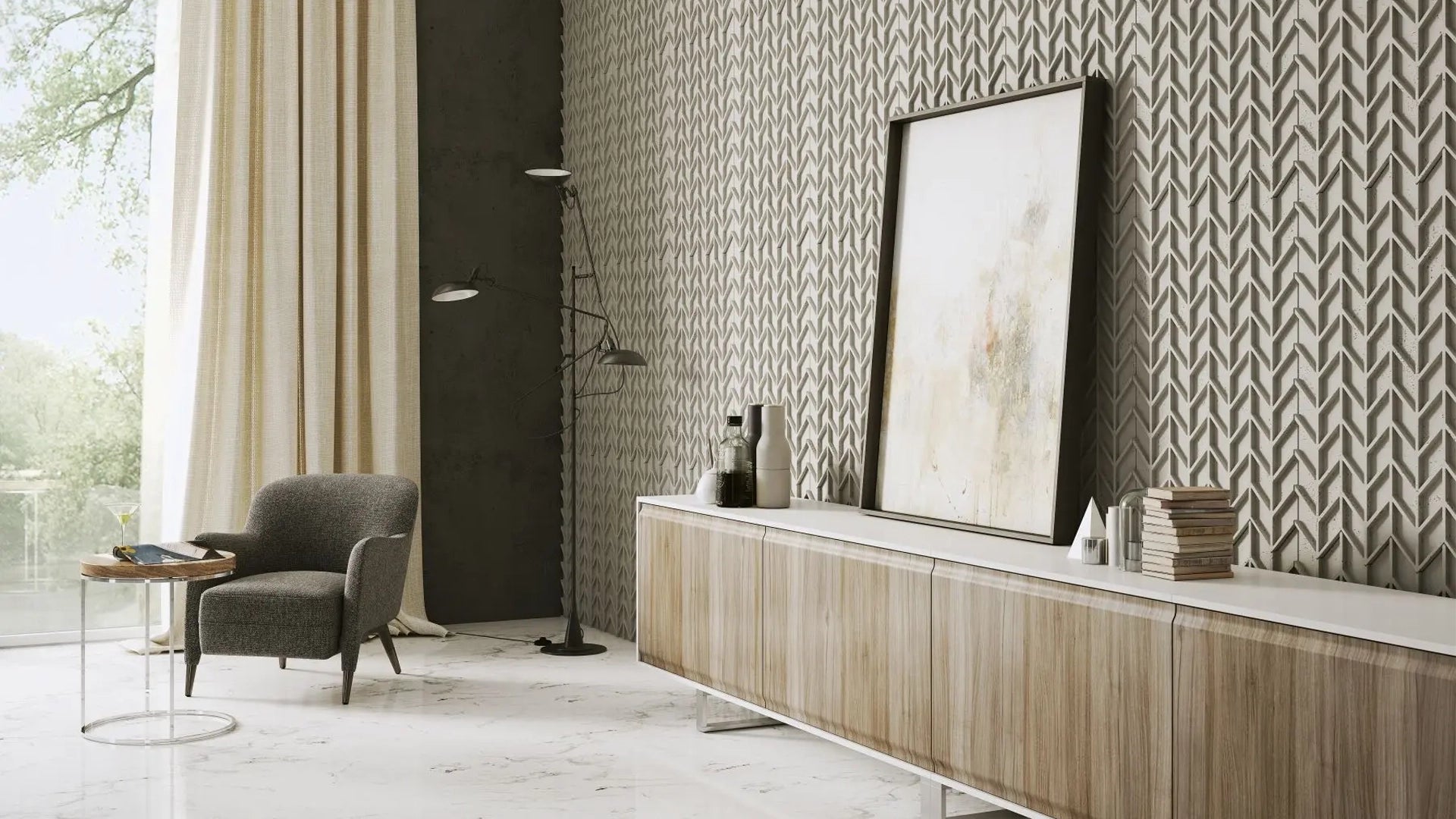 Concrete Cladding HERRINGBONE Wall Panels in modern living room interior DecorMania UK