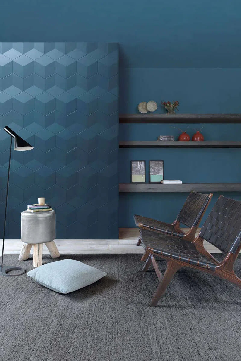 CUBE 3D Wall Panels ARSTYL® in a stylish interior with a blue theme, enhancing the space with its unique pattern | DecorMania UK