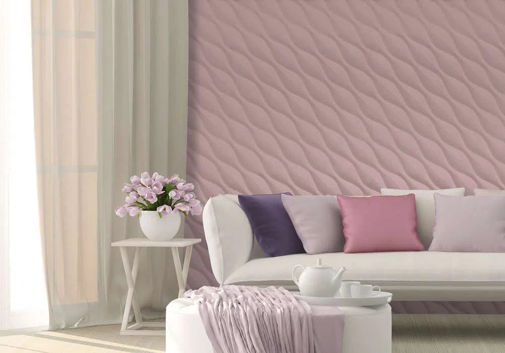 DESERT SANDS 3D Wall Panel Model 02 - 3D Polystyrene Wall Panels in soft tones behind a sofa with cushions and a side table | DecorMania UK 