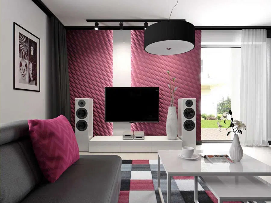 DESERT SANDS 3D Wall Panel Model 02 - 3D Polystyrene Wall Panels behind a TV setup, complemented by modern furniture and a vibrant colour scheme | DecorMania UK