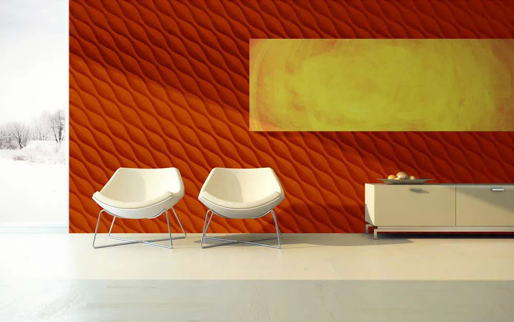 DESERT SANDS 3D Wall Panel Model 02 - 3D Polystyrene Wall Panels on warm color with minimalist chairs and a side table in a modern living room| DecorMania UK