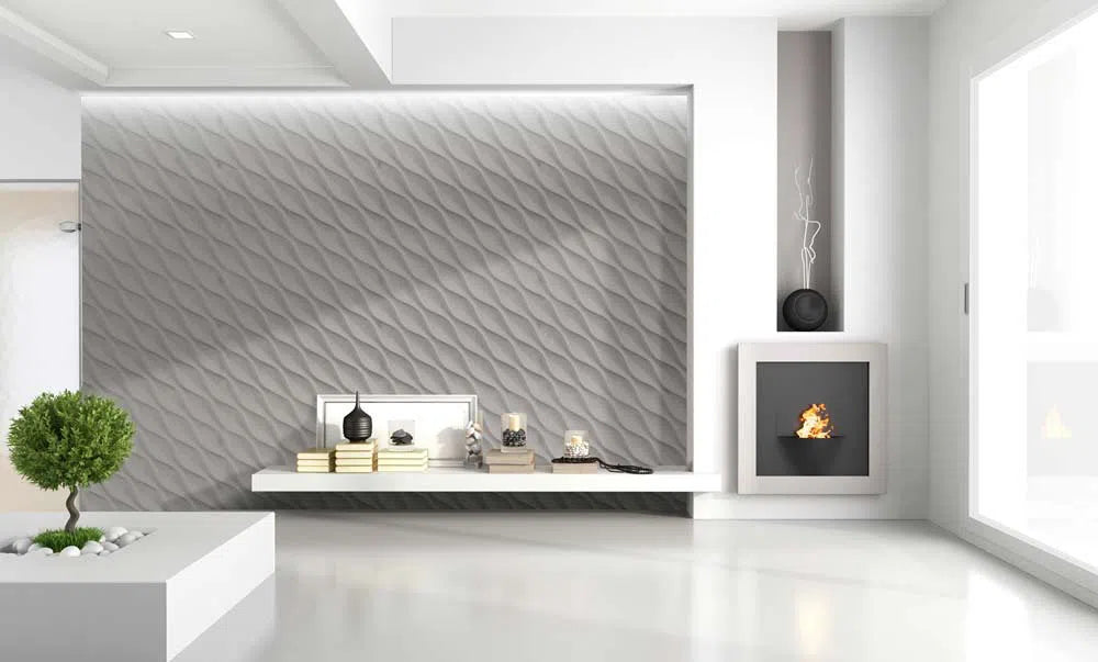 DESERT SANDS 3D Wall Panel Model 02 - 3D Polystyrene Wall Panels behind a modern fireplace and minimalist decor | DecorMania UK 