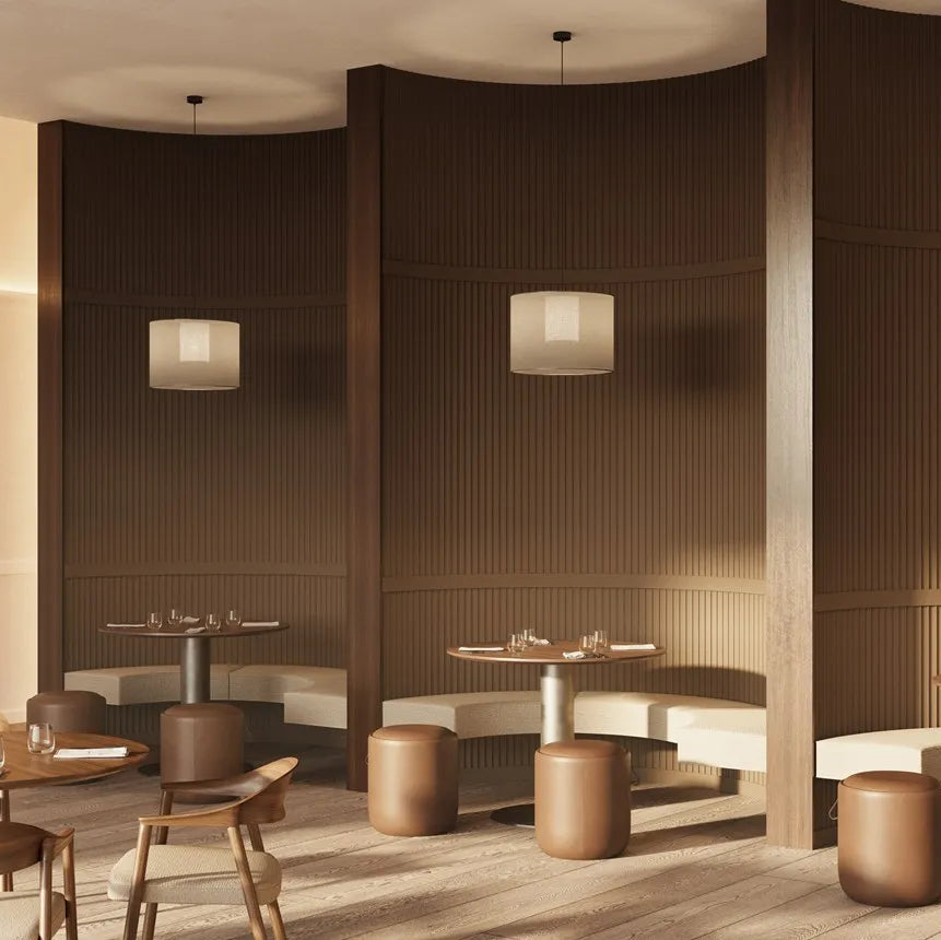 DORIQUE FLEX ARSTYL flexible wall panels used on curved walls in a contemporary restaurant interior
