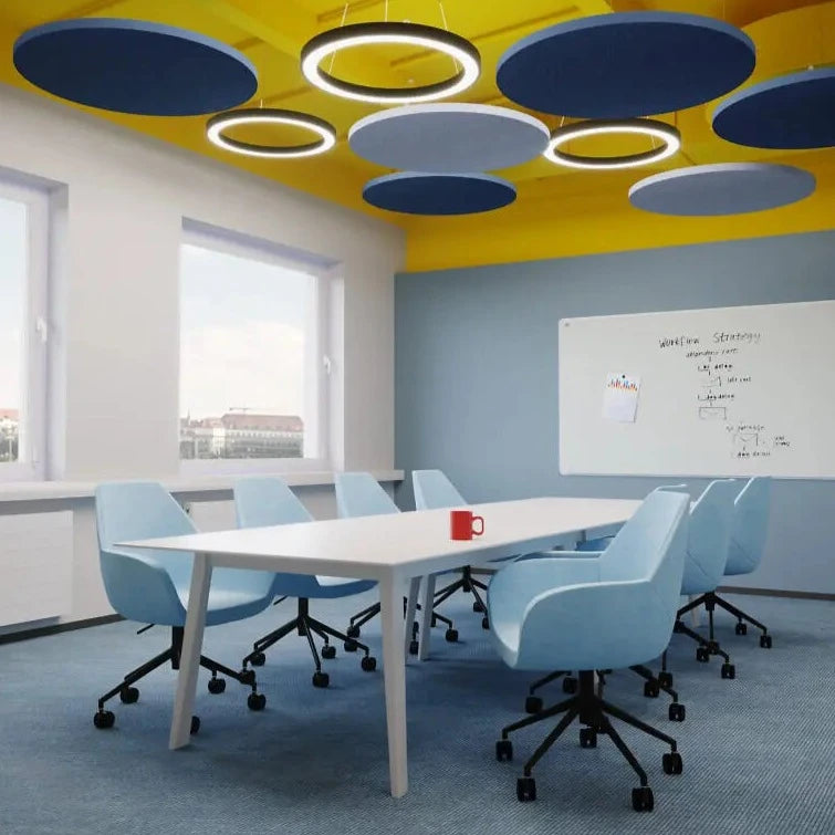 Dot AIR - Acoustic Suspended Ceiling Panel in blue and yellow conference room interior Decormania UK