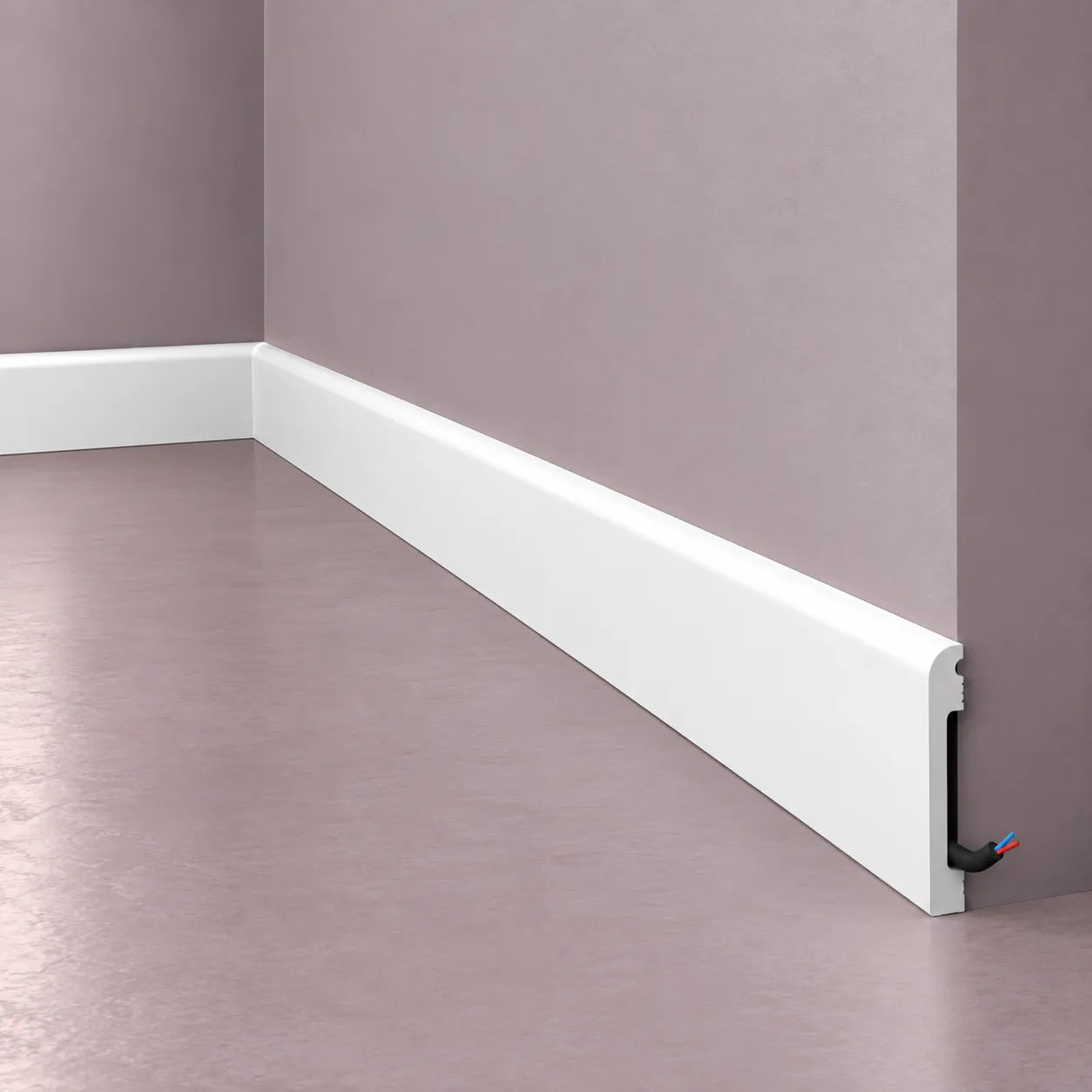 White FL12 WALLSTYL skirting board with rounded profile and cable concealment space