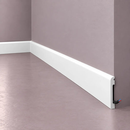 White FL12 WALLSTYL skirting board with rounded profile and cable concealment space