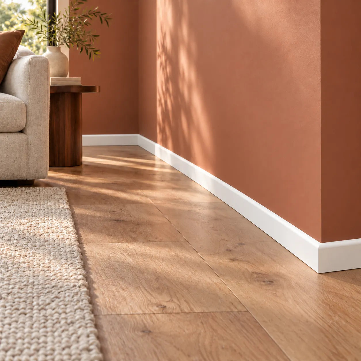 White FL12 WALLSTYL skirting board in a warm modern living room with terracotta walls