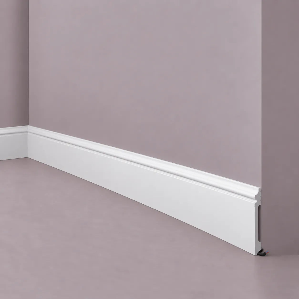 White FL14 WALLSTYL skirting board with classic decorative profile and cable concealment space