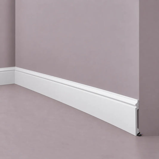 White FL14 WALLSTYL skirting board with classic decorative profile and cable concealment space
