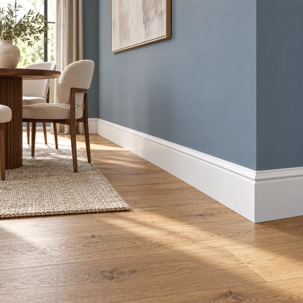 White FL14 WALLSTYL skirting board in an elegant modern dining room