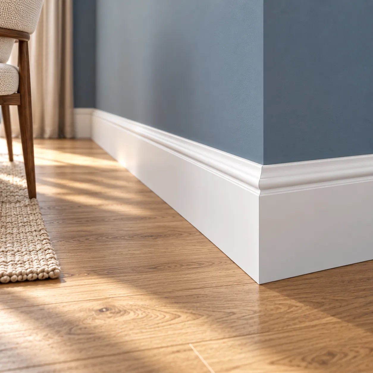 White FL14 WALLSTYL skirting board fitted around a blue wall corner
