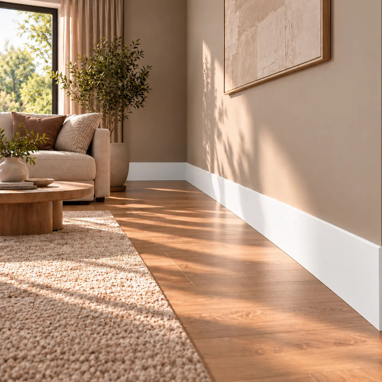 White NMC F20S skirting profile installed along a warm beige living room wall with wooden flooring and neutral contemporary décor