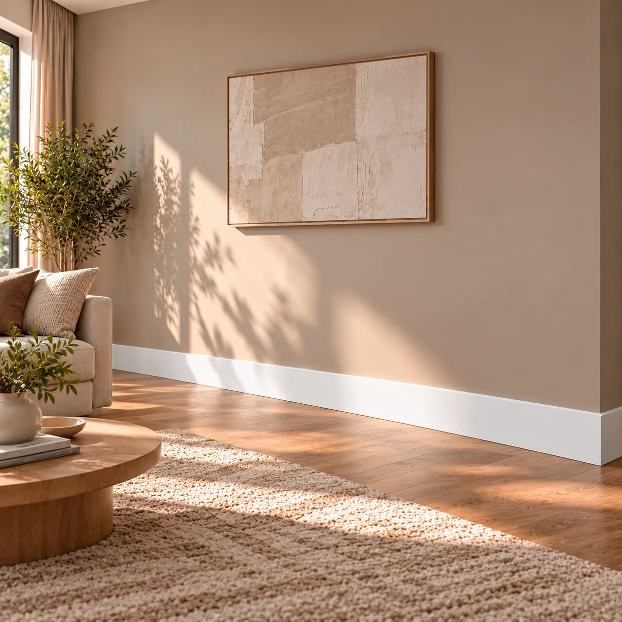 NMC F20S white skirting profile running continuously along a beige living room wall, styled with oak flooring, neutral furniture and natural daylight