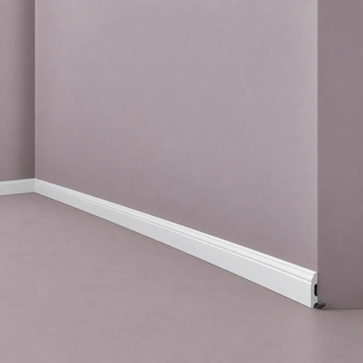White skirting board with integrated cable management channel