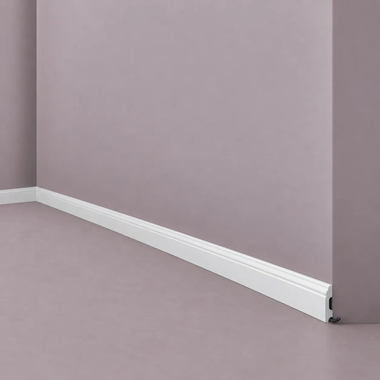 White skirting board with integrated cable management channel