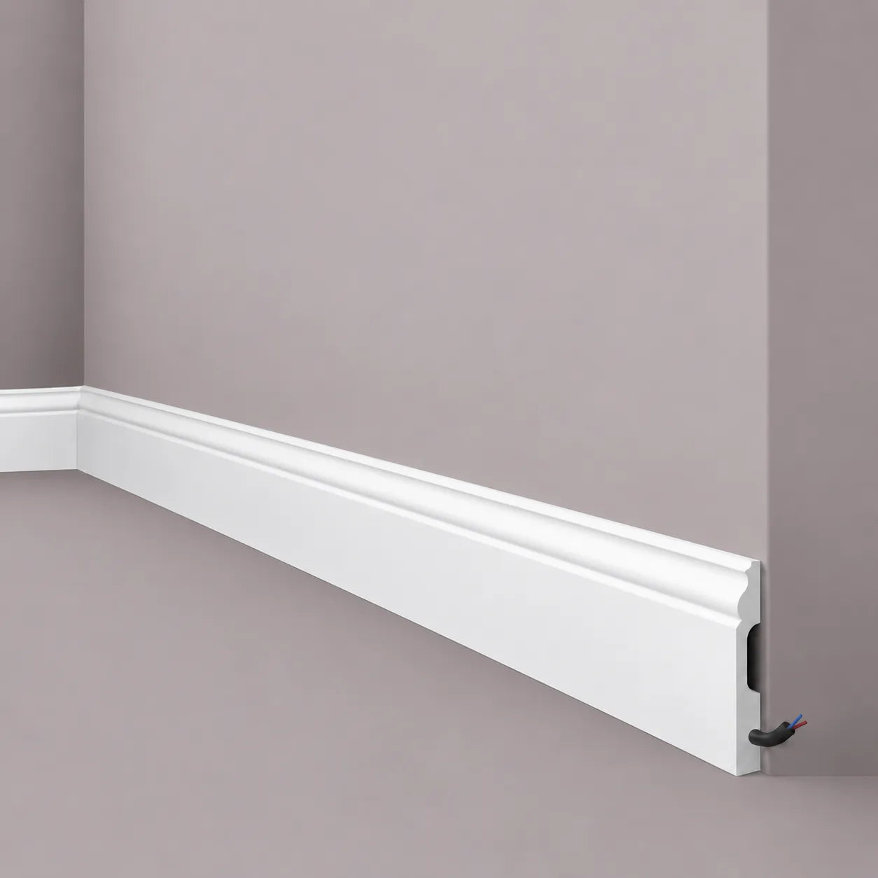White skirting board with integrated cable management channel