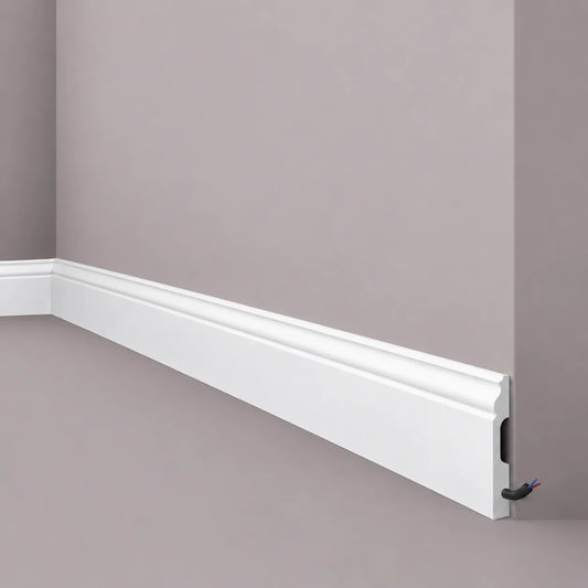 White skirting board with integrated cable management channel