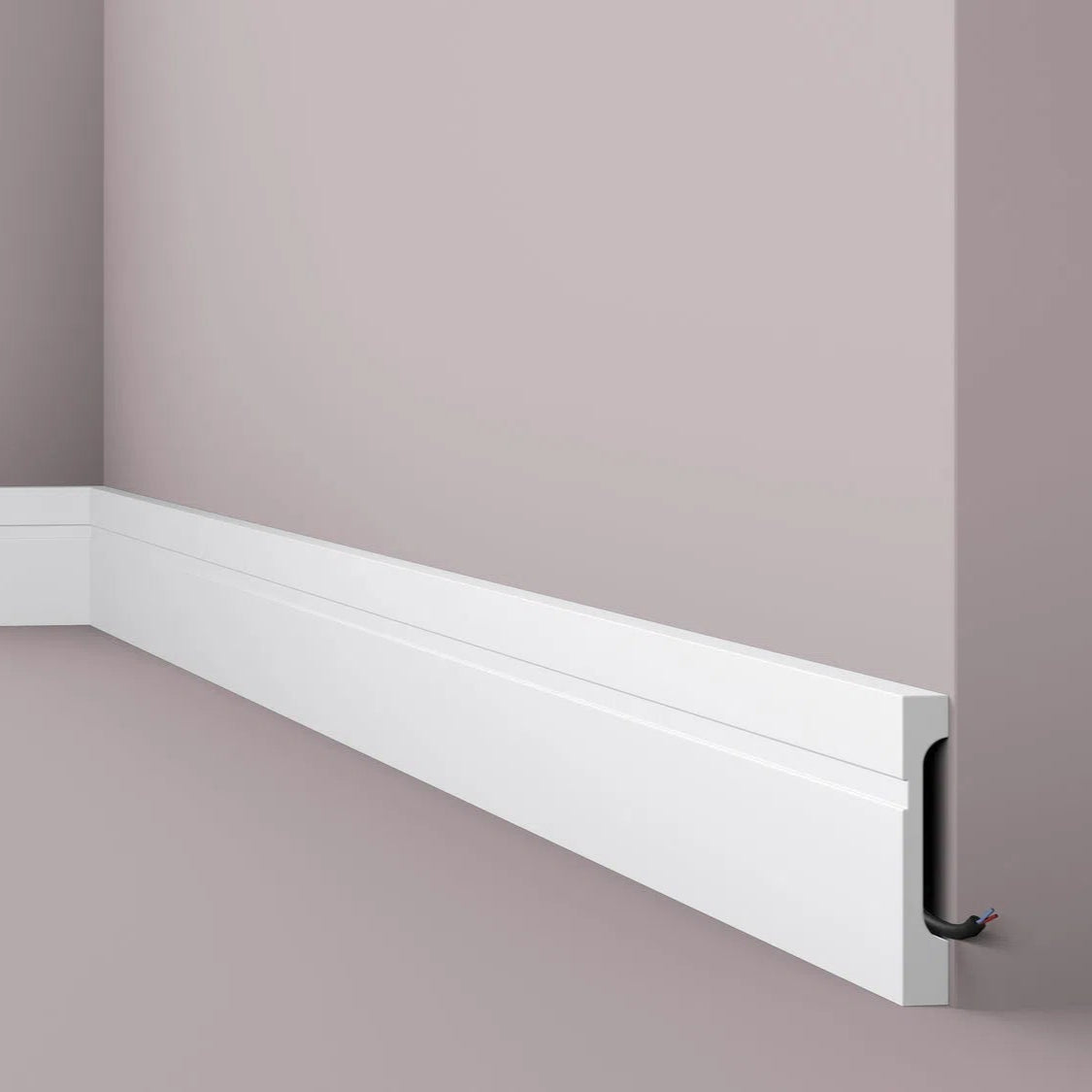 FD11 2M WALLSTYL SKIRTING BOARD - Skirtings with cable channel corner detail on a light-colored wall| DecorMania UK 