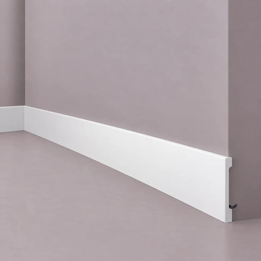 White FD15S WALLSTYL skirting board with integrated cable management channel