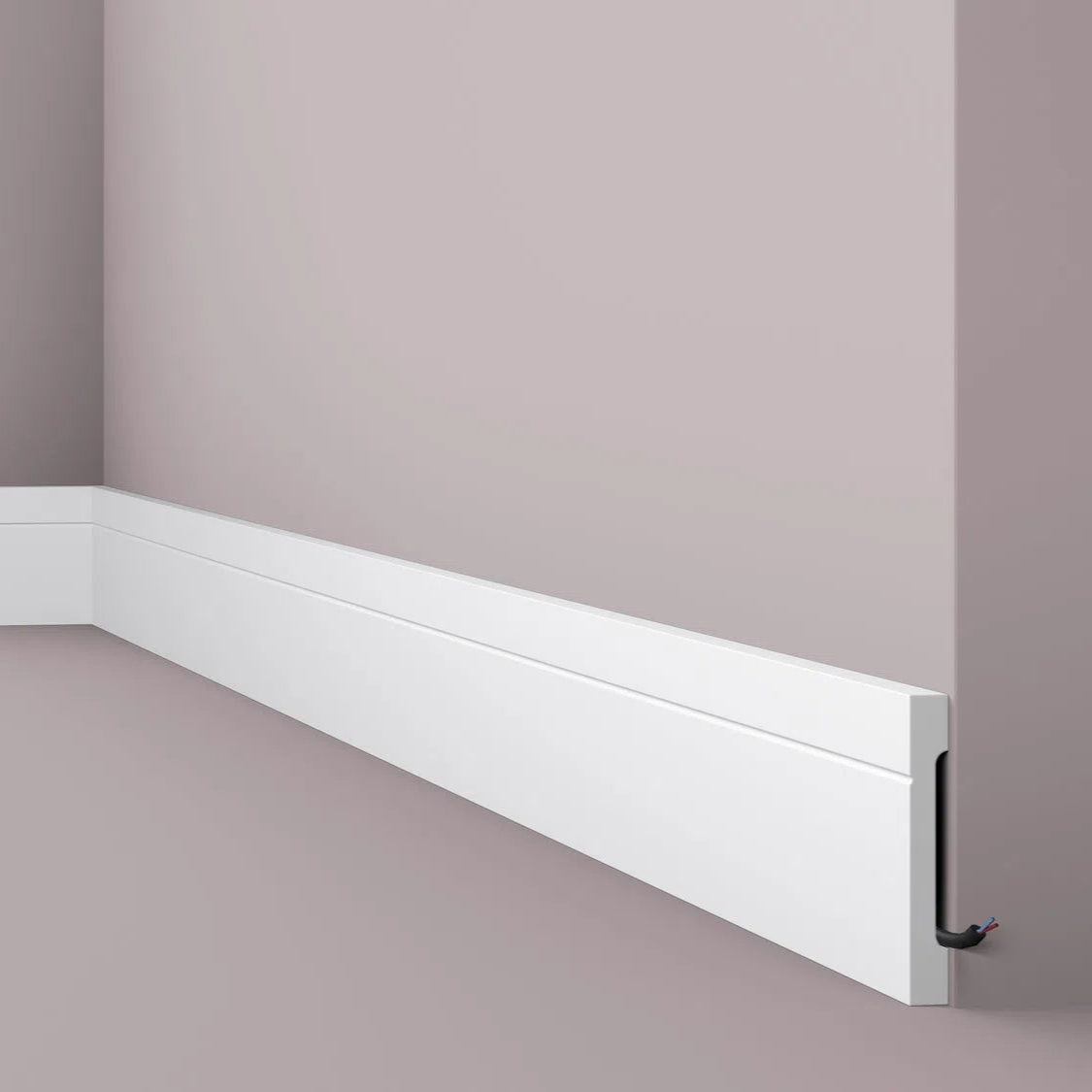 FD2 2.44M WALLSTYL SKIRTING BOARD - Skirtings with cable channel owner detail on a light-colored wall| DecorMania UK 