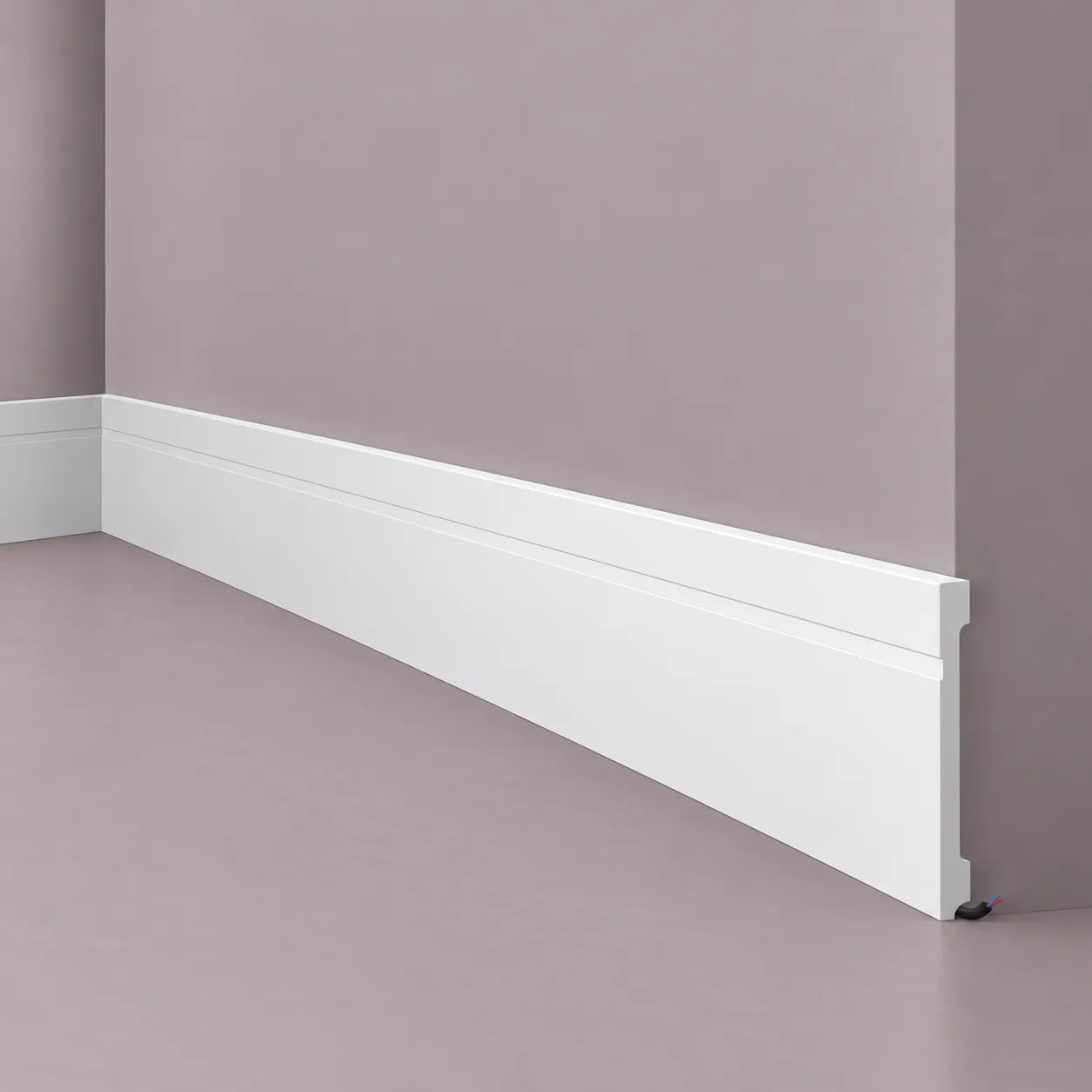 White FD20 WALLSTYL skirting board with integrated cable management channel